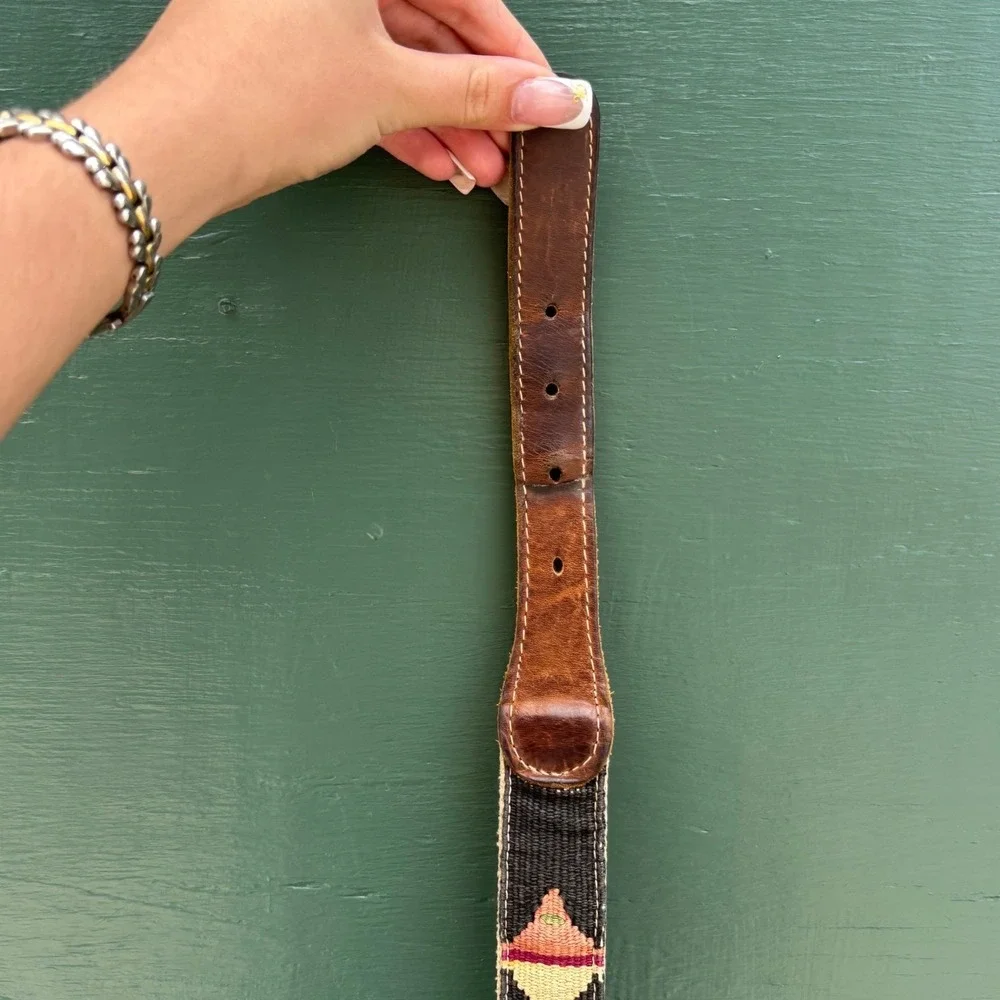 Mens Vintage Western Woven Mayan Textile Leather Belt Brass Buckle Preppy Gorp